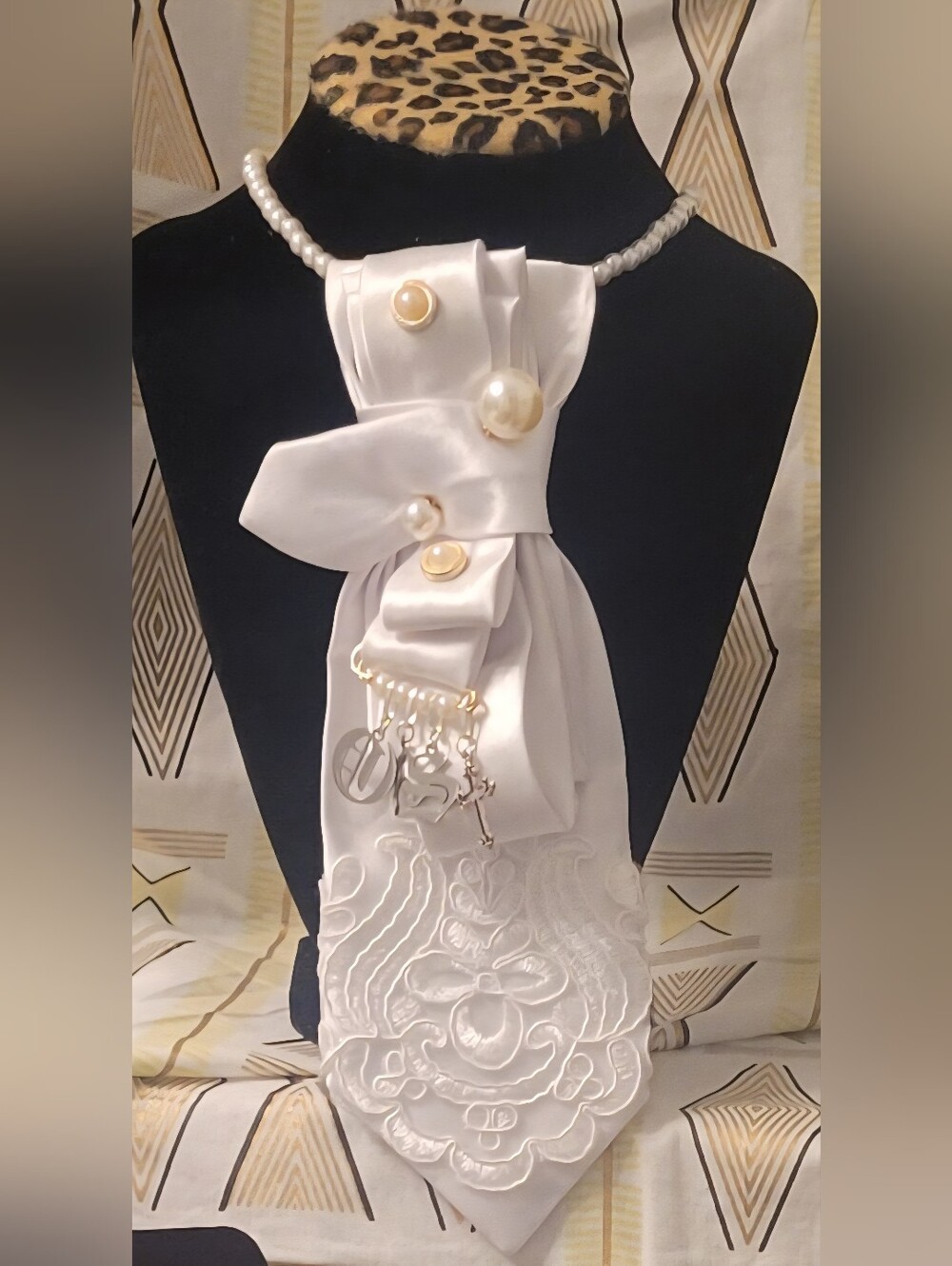 Pearl-Accented White Satin Scarf Necklace. Order Of The Eastern Star Pemdant